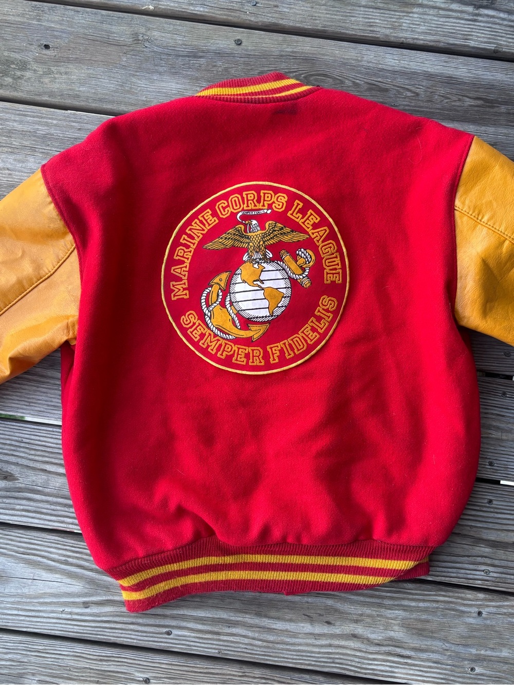 Vintage Delong Marine Corps League “Semper Fidelis” Varsity Jacket in Red/Gold